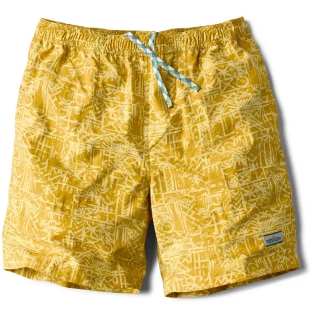 ORVIS NEW Ultralight Swim Shorts Yellow Gold Tribal Print Design Size Large NWT